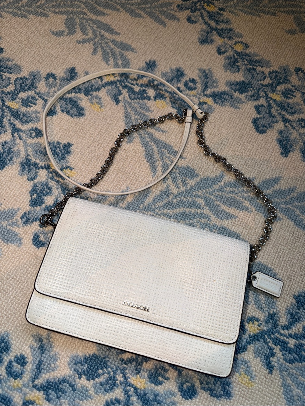 Coach White Textured Leather Crossbody with Silver Chain